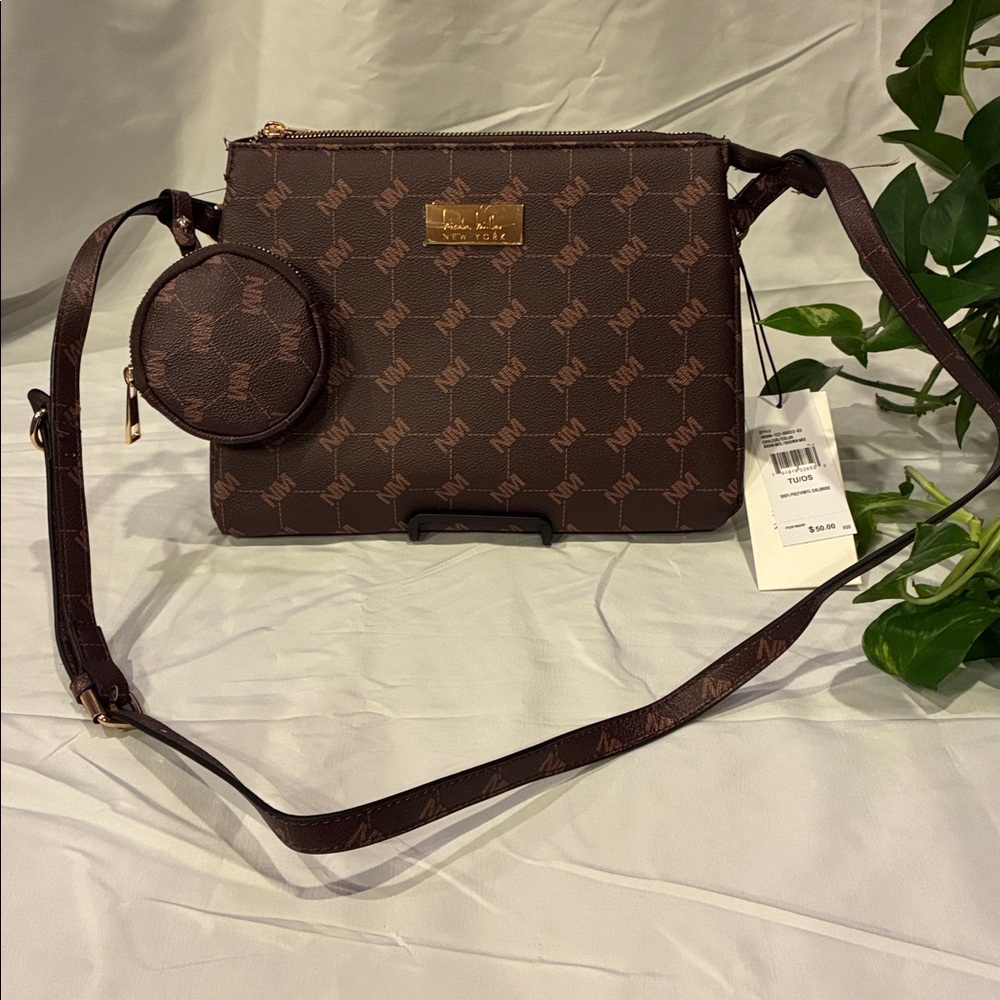 NWT Nicole Miller Brown Monogram Crossbody & Coin Purse with Gold Accents (ABBA)